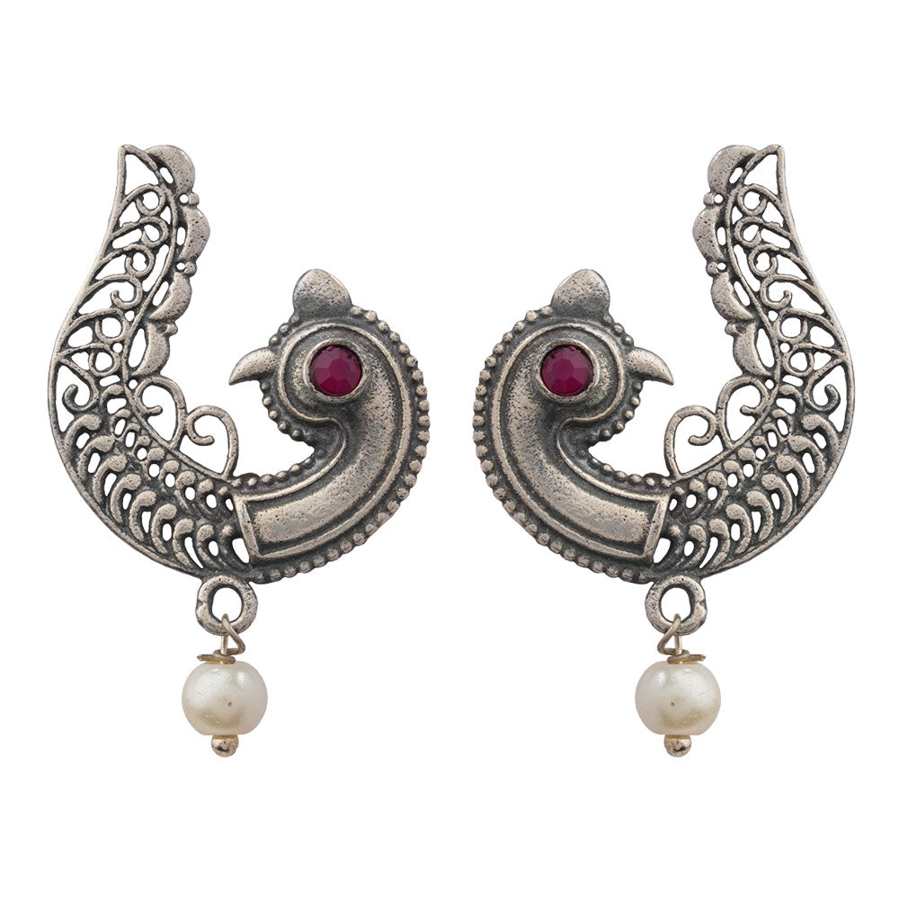 Amrapali- Antique polish Brass Studs with hanging Pearl Earrings