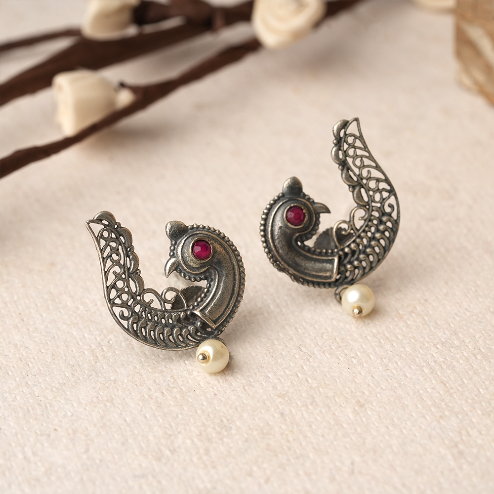 Amrapali- Antique polish Brass Studs with hanging Pearl Earrings