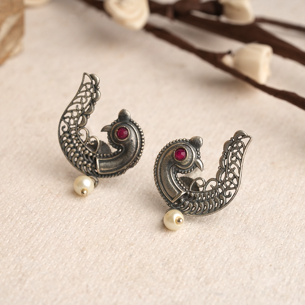 Amrapali- Antique polish Brass Studs with hanging Pearl Earrings