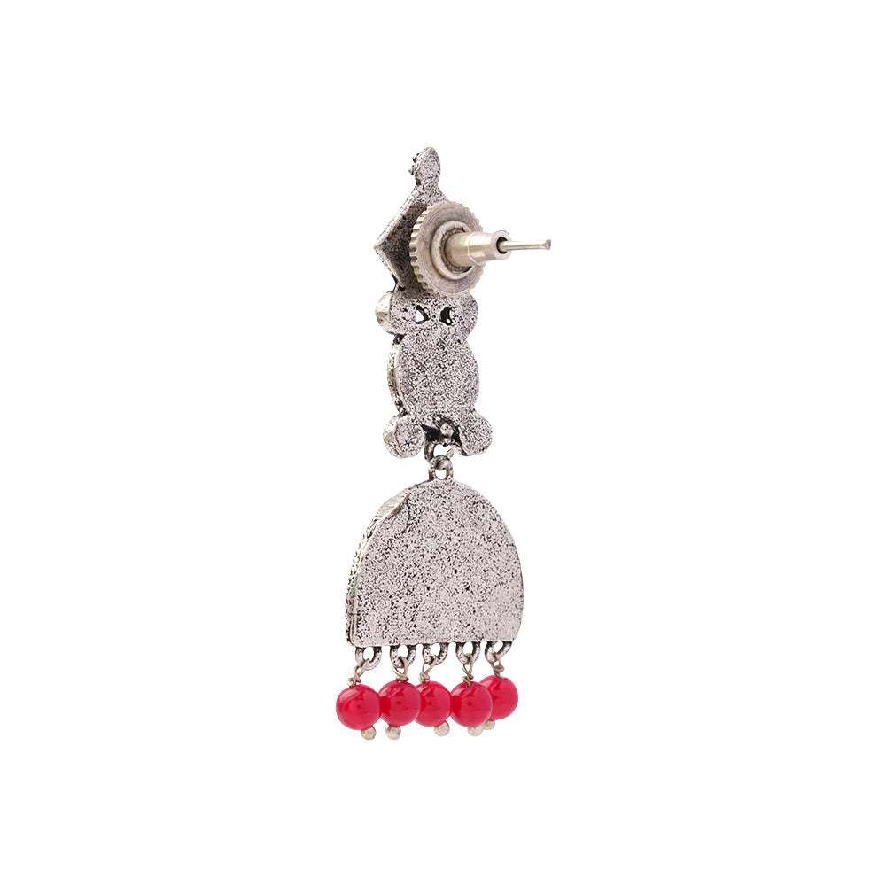 Aakar- Silver Brass stone studded dangler earrungs (Red)