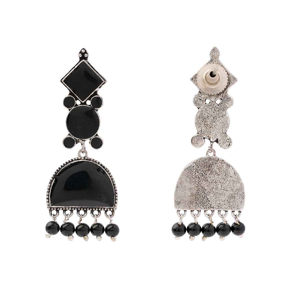 Aakar- Silver Brass stone studded dangler earrungs (Black)