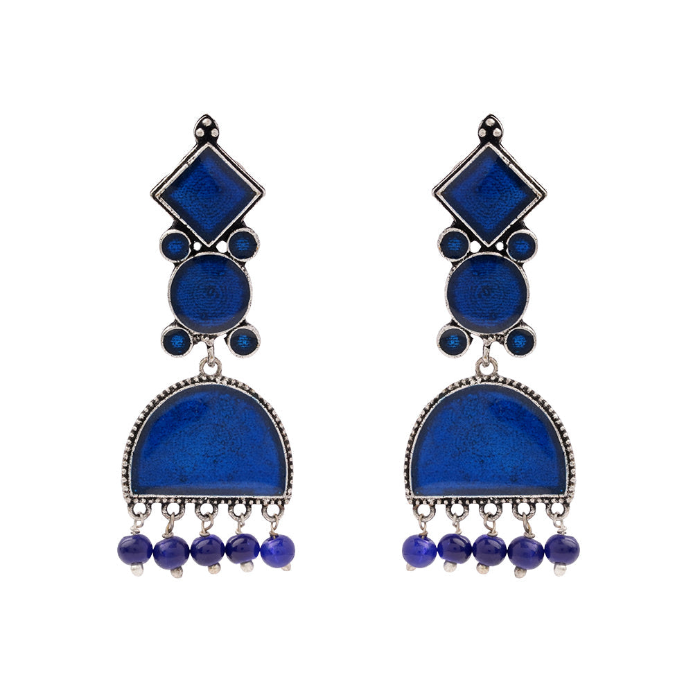 Aakar- Silver Brass stone studded dangler earrungs (Blue)