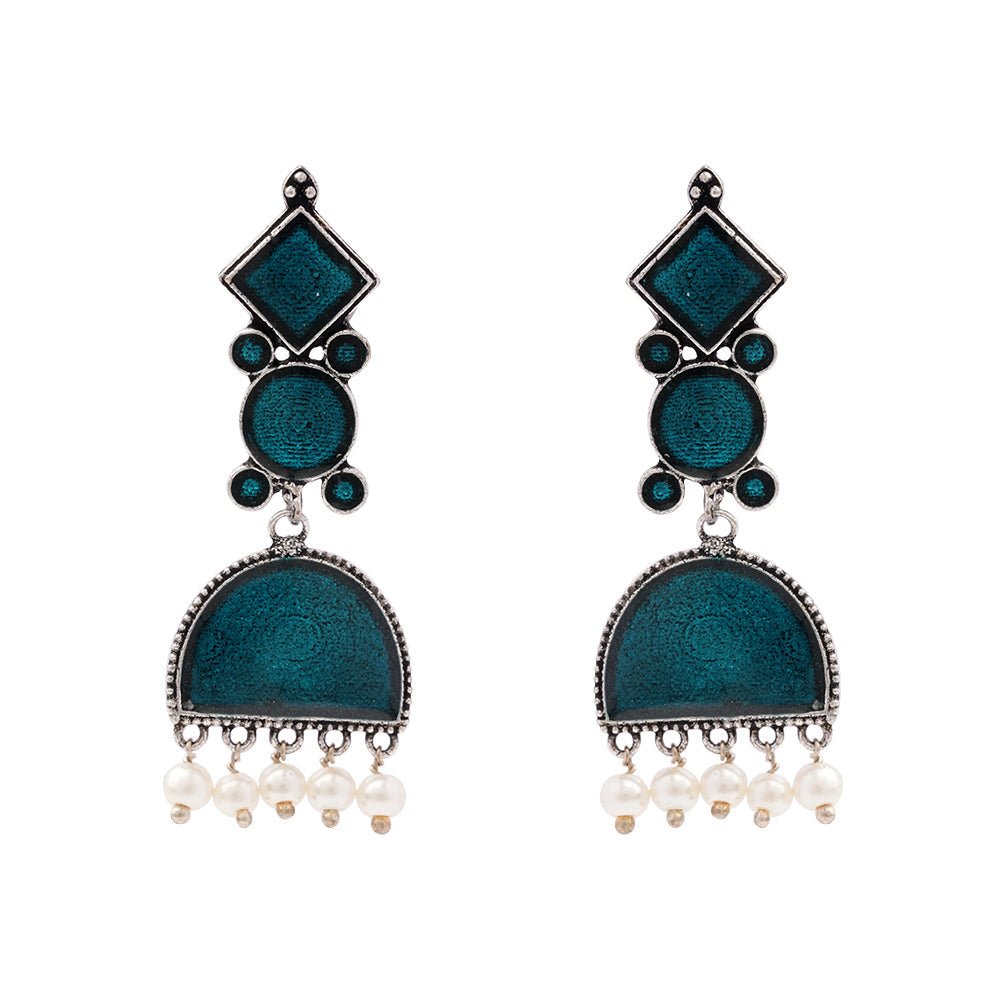 Aakar- Silver Brass stone studded dangler earrungs (Blue)