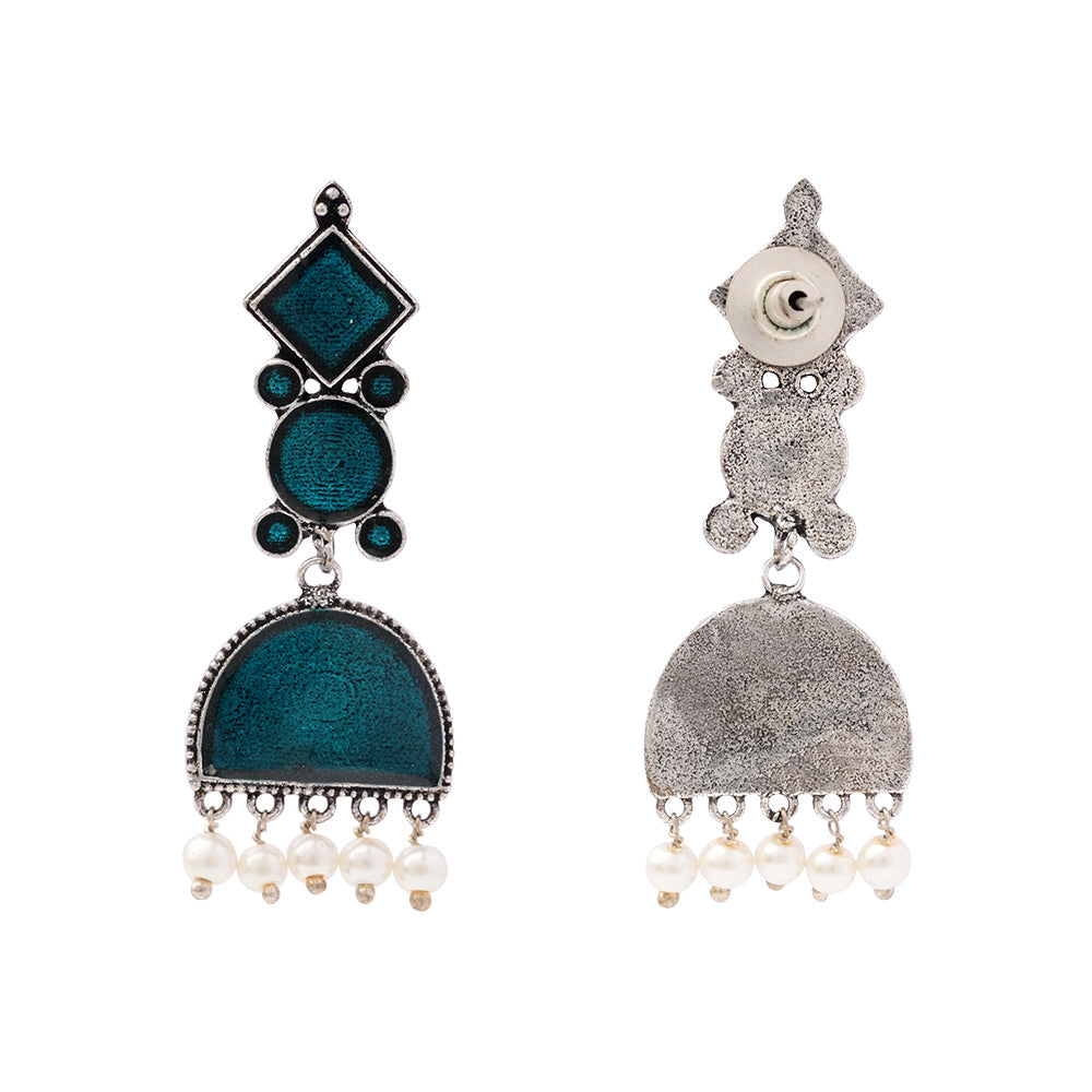 Aakar- Silver Brass stone studded dangler earrungs (Blue)