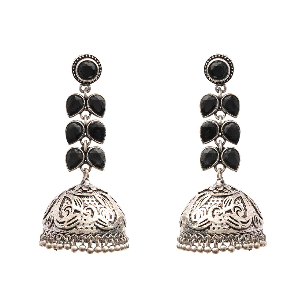 Shyamika- Silver Brass Oxidised Jhumka Earrings(Black)