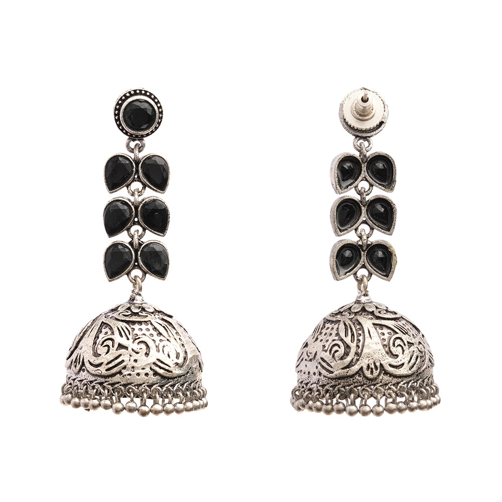 Shyamika- Silver Brass Oxidised Jhumka Earrings(Black)