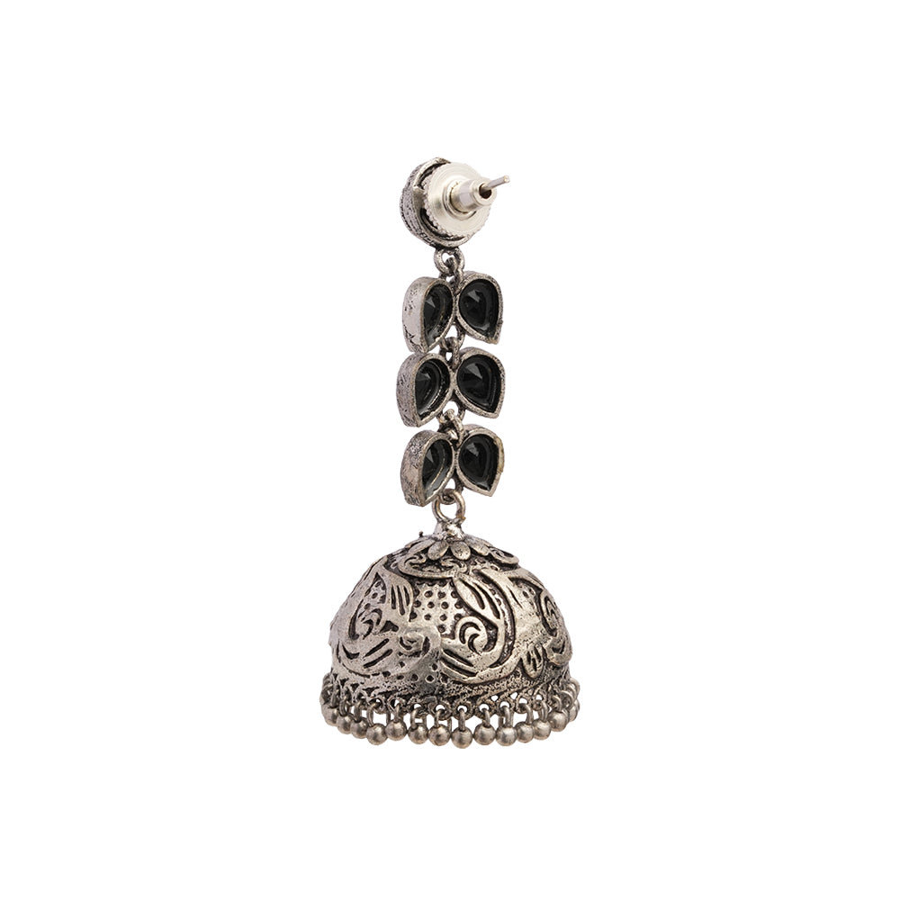 Shyamika- Silver Brass Oxidised Jhumka Earrings(Black)