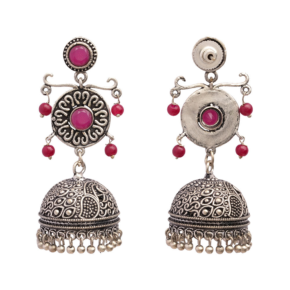 Mallika- Silver Brass Oxidised Jhumka Earrings(Red)