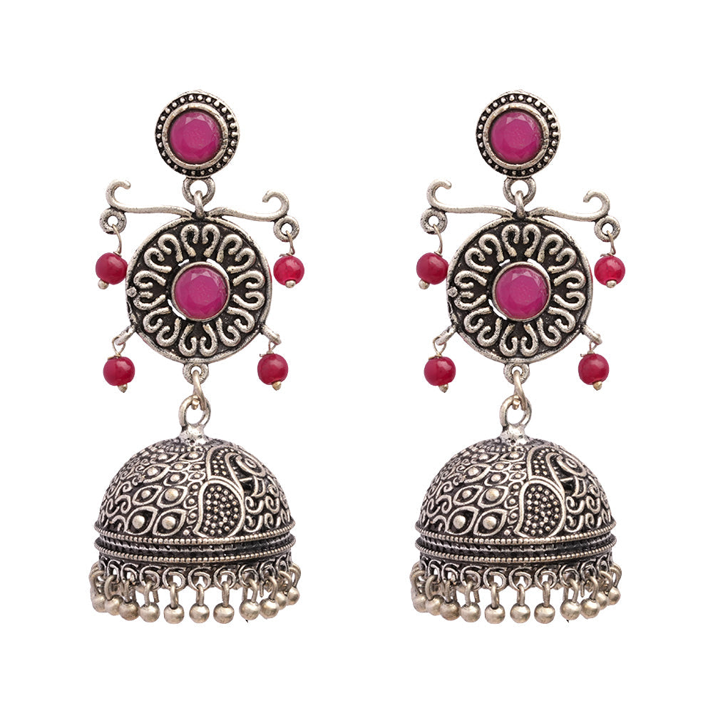 Mallika- Silver Brass Oxidised Jhumka Earrings(Red)