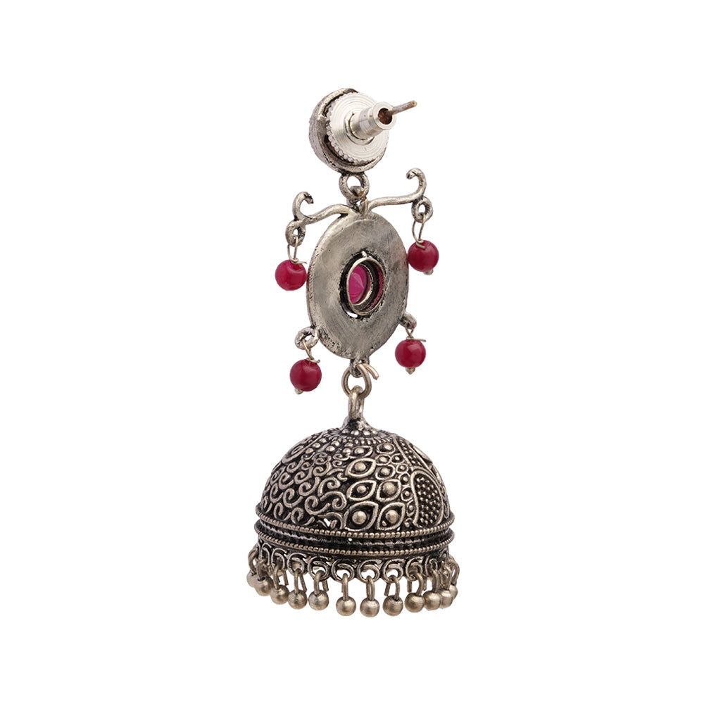 Mallika- Silver Brass Oxidised Jhumka Earrings(Red)