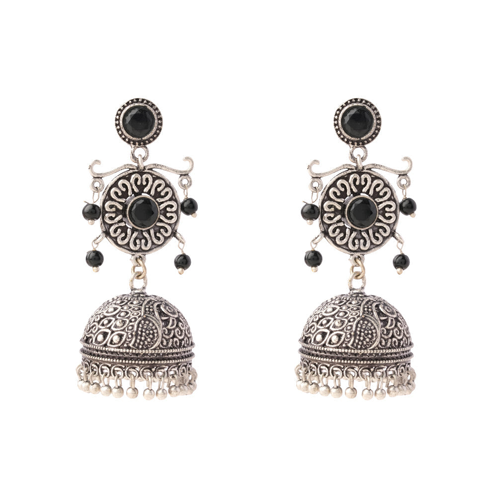 Mallika- Silver Brass Oxidised Jhumka Earrings(Black)