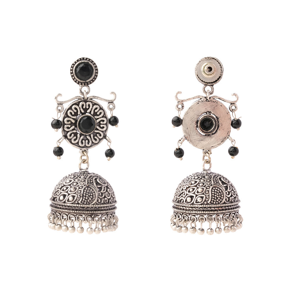 Mallika- Silver Brass Oxidised Jhumka Earrings(Black)