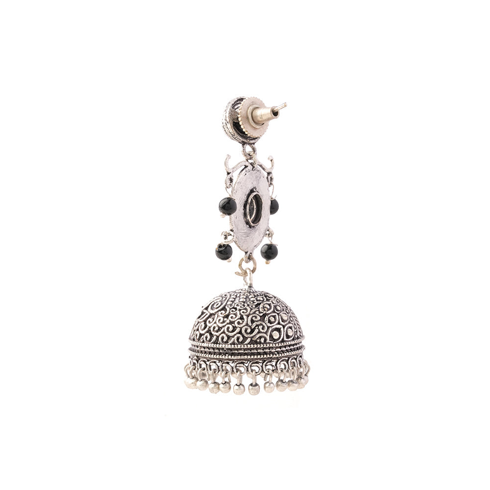Mallika- Silver Brass Oxidised Jhumka Earrings(Black)