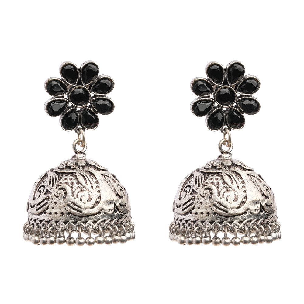 Tamira- Silver Brass Oxidised Jhumka Earrings(Black)