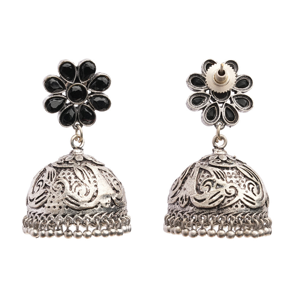 Tamira- Silver Brass Oxidised Jhumka Earrings(Black)