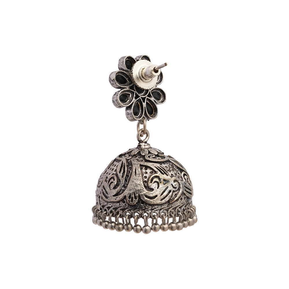 Tamira- Silver Brass Oxidised Jhumka Earrings(Black)