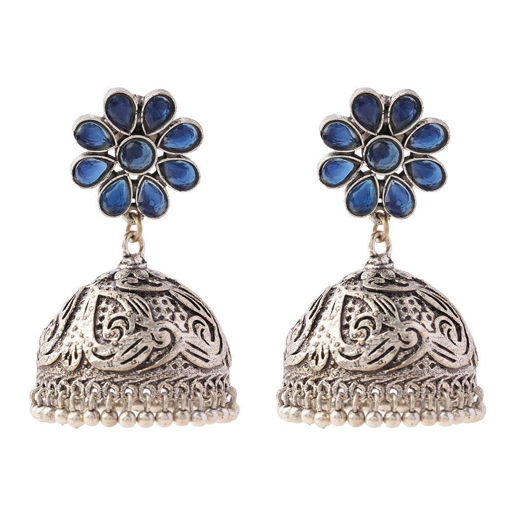 Tamira- Silver Brass Oxidised Jhumka Earrings(Blue)