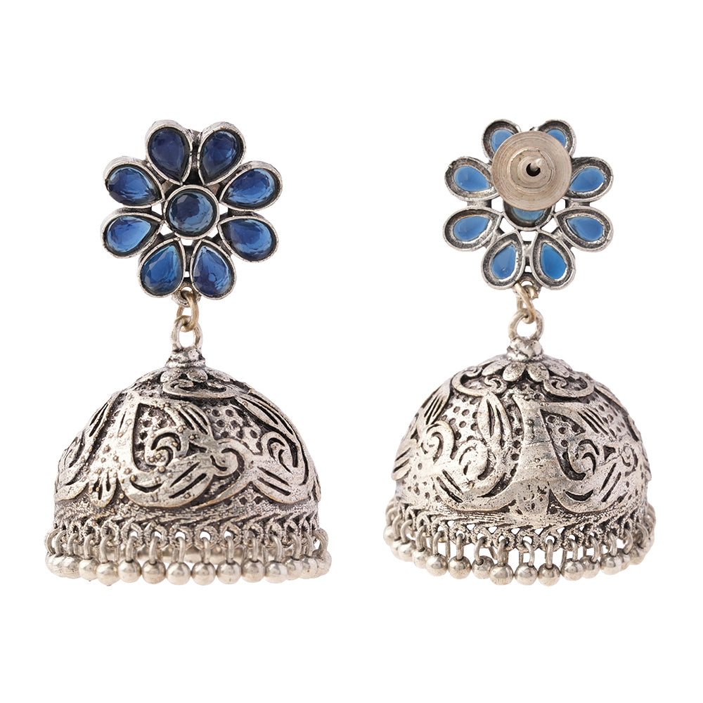 Tamira- Silver Brass Oxidised Jhumka Earrings(Blue)