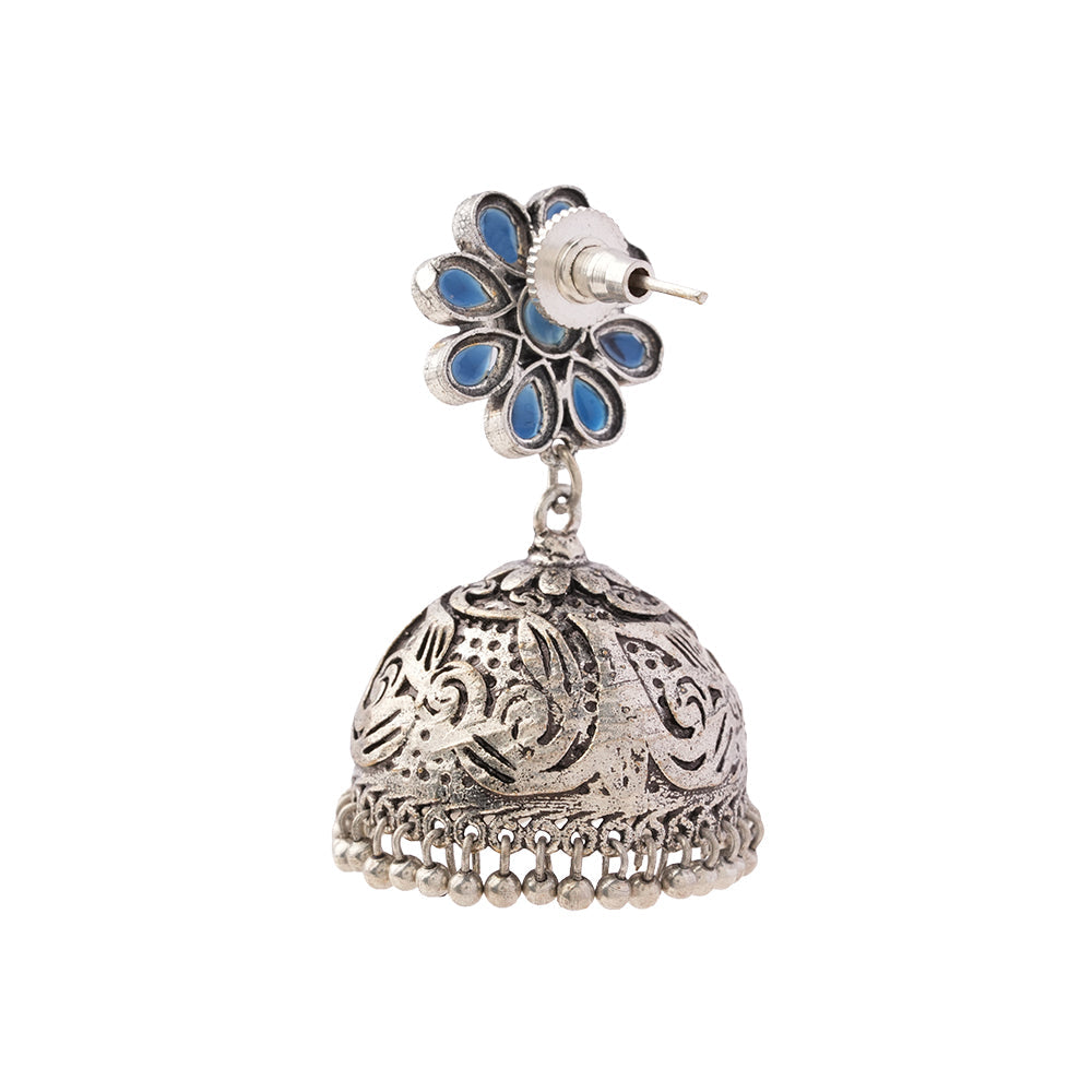 Tamira- Silver Brass Oxidised Jhumka Earrings(Blue)