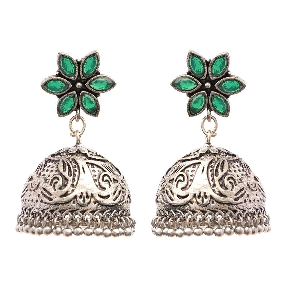 Padmika- Silver Brass Stone Studded Jhumka Earrings(Black)