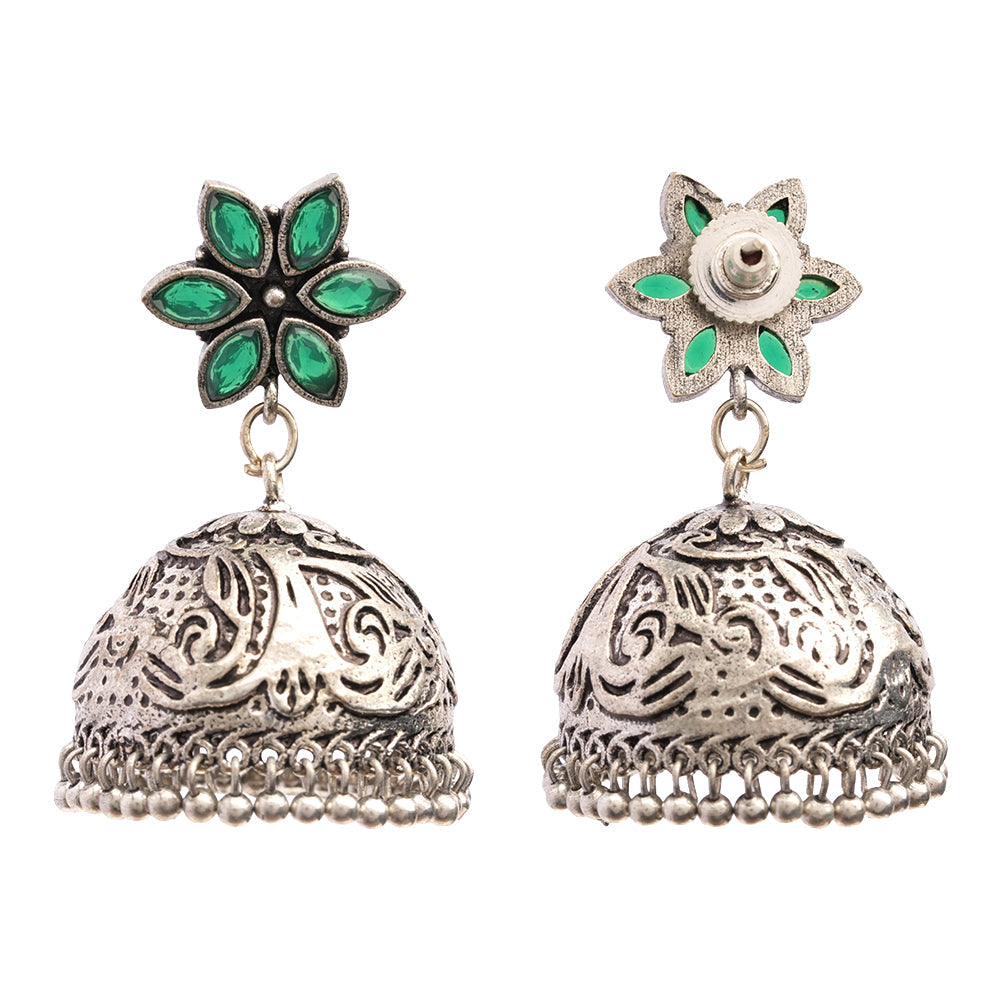 Padmika- Silver Brass Stone Studded Jhumka Earrings(Black)