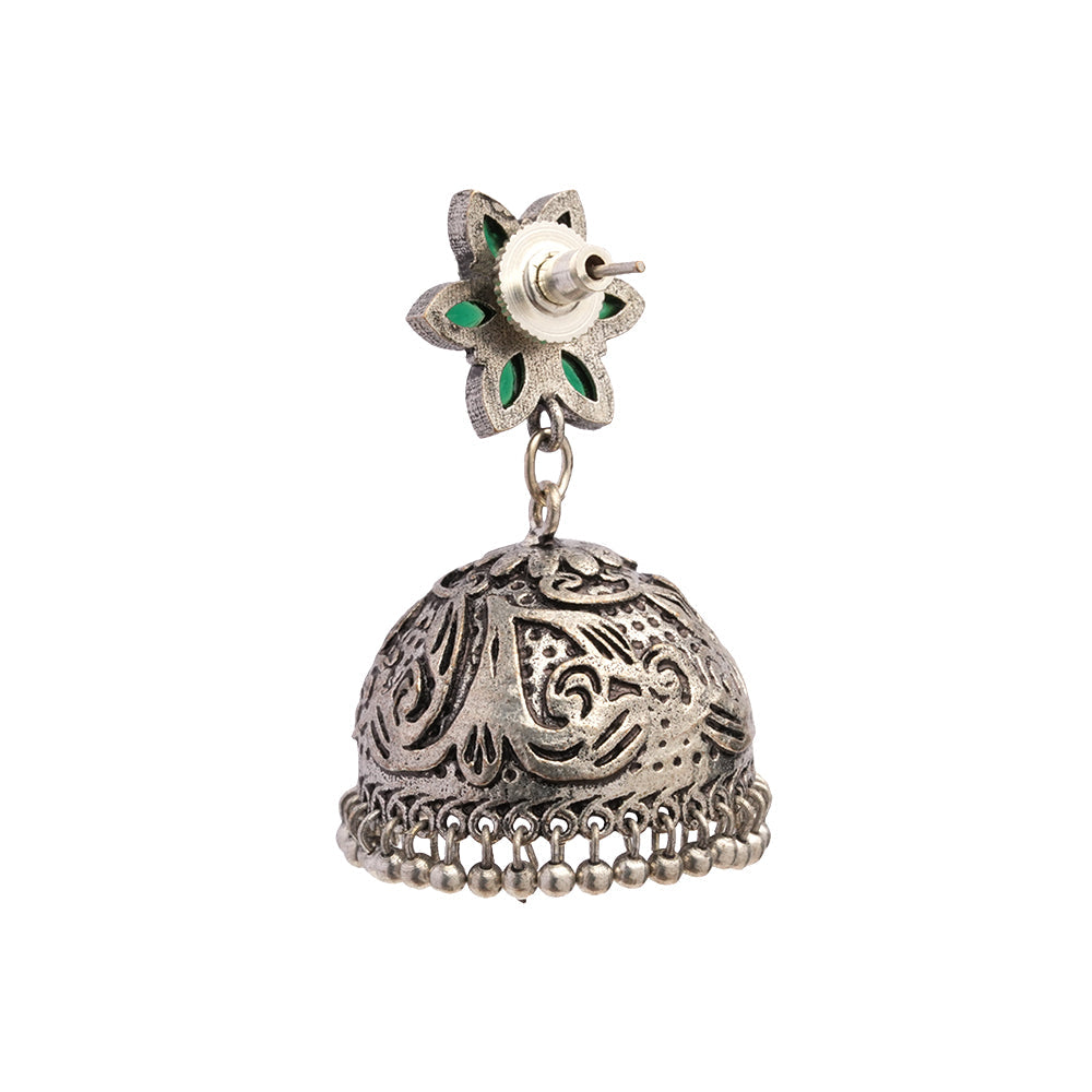 Padmika- Silver Brass Stone Studded Jhumka Earrings(Black)