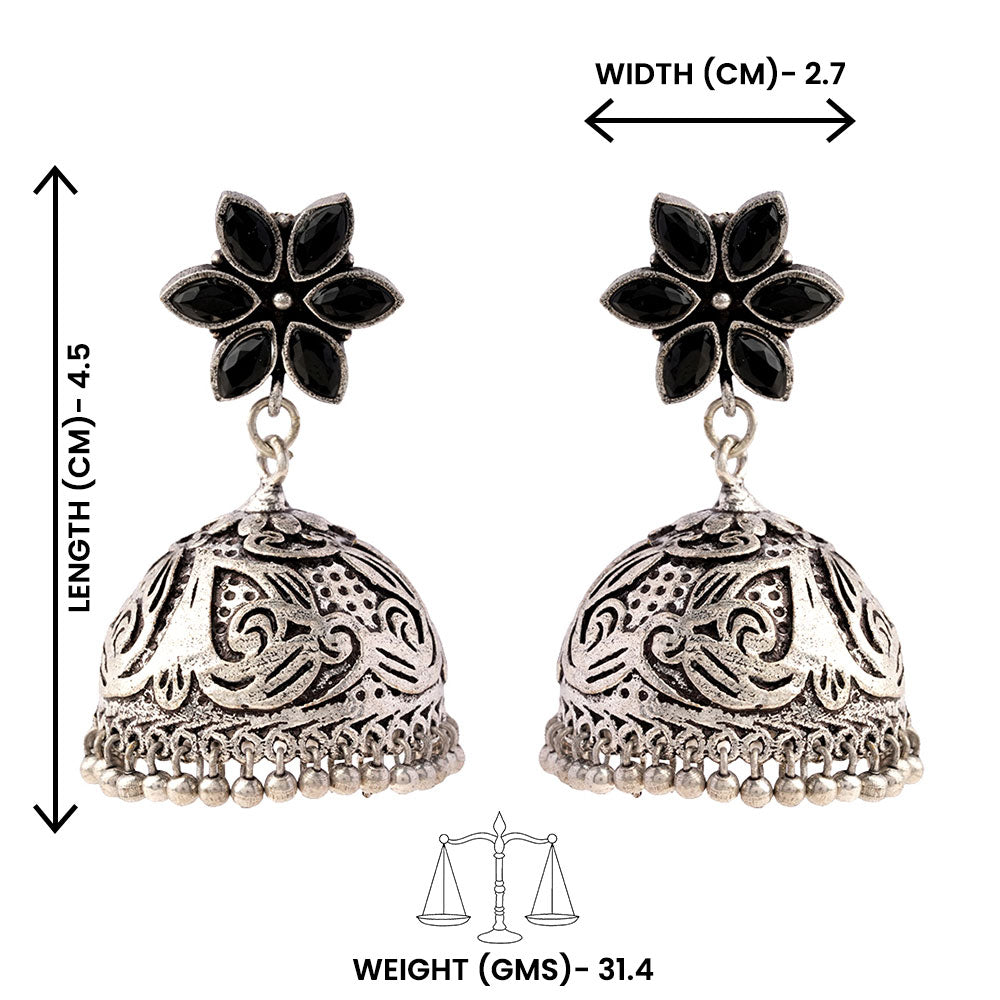 Padmika- Silver Brass Stone-Studded Jhumka Earrings(Black)