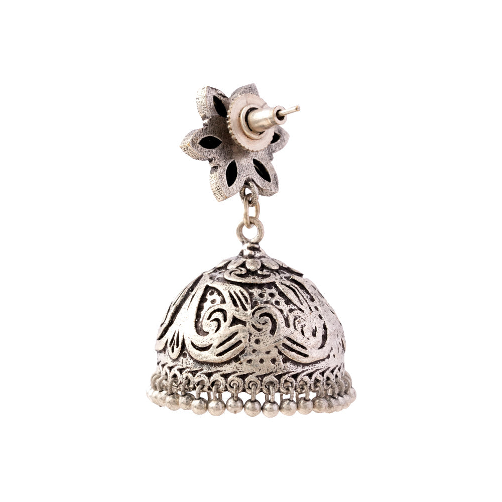 Padmika- Silver Brass Stone Studded Jhumka Earrings(Green)
