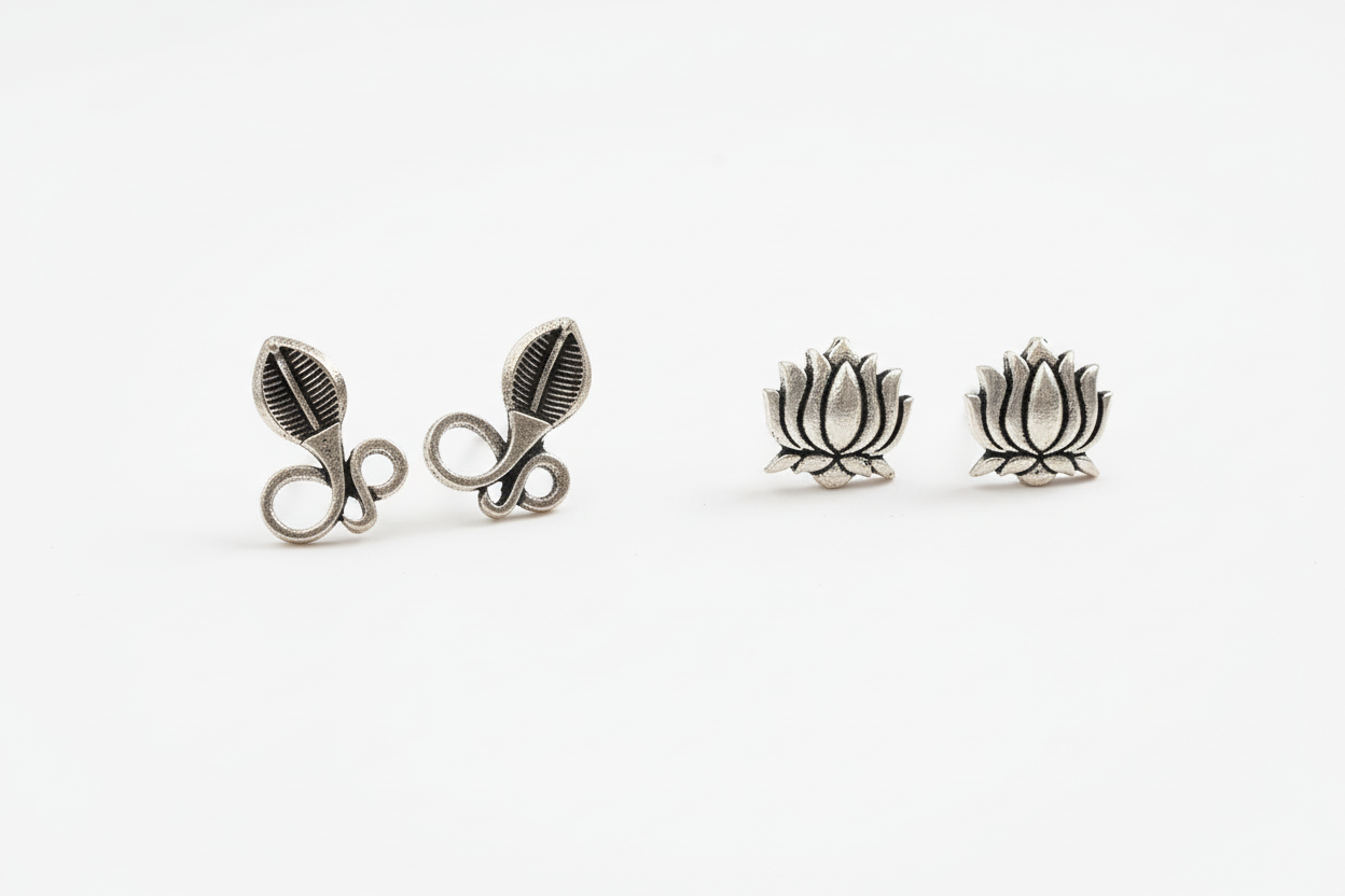Trayi- Combo of Silver Brass Oxidised stud Earrings