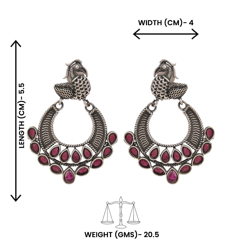 ManikMor- Silver Brass Oxidised dangler earrings(Red)