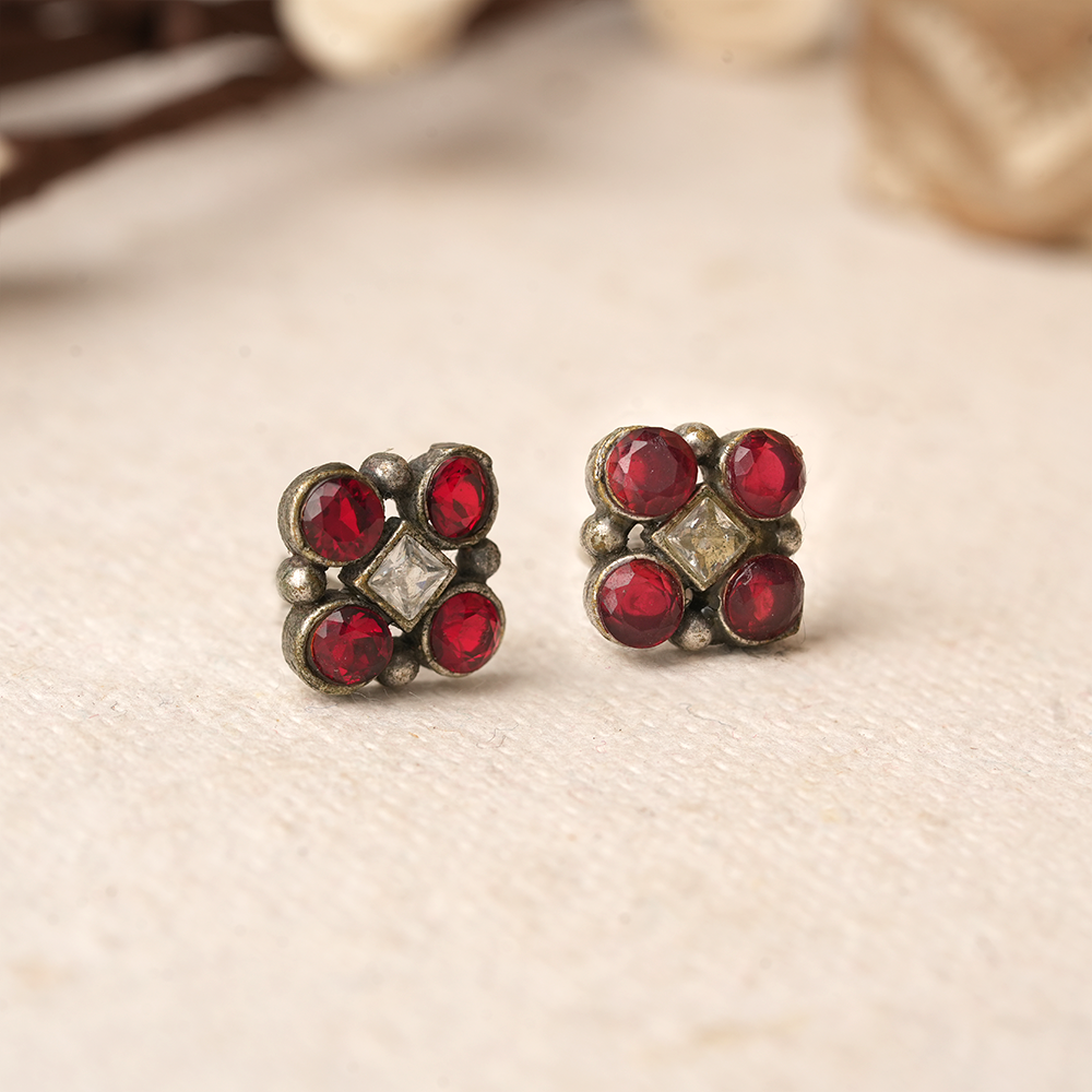 Raktika- Silver Brass Stone Studded Stud Earrings