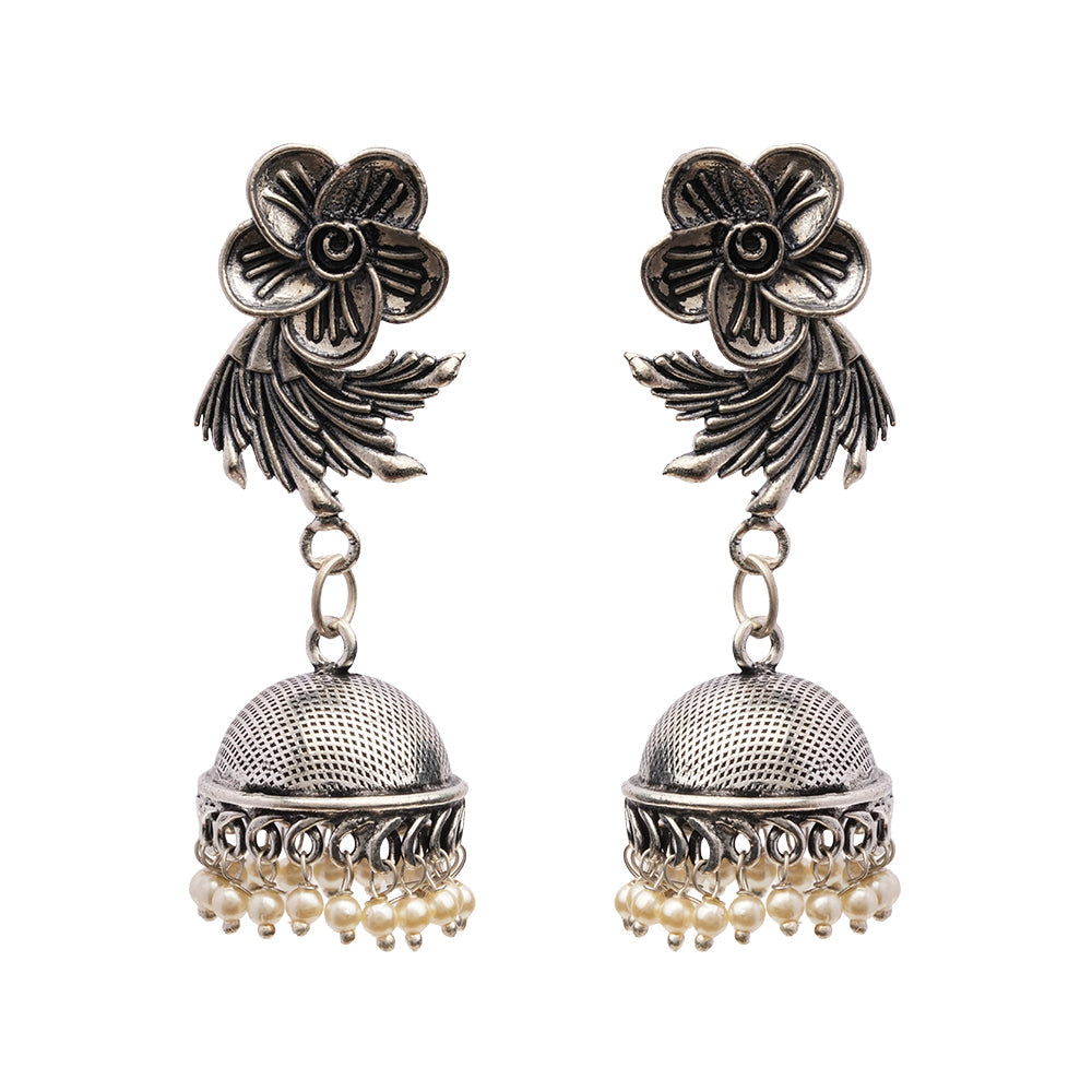 Muktika- Silver Brass Pearl dangler earrings