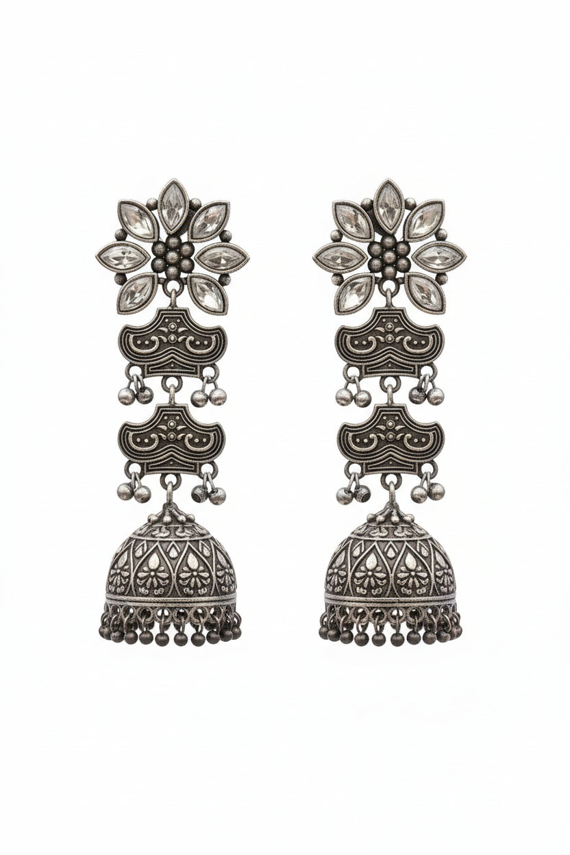 Kundanika- Silver Brass oxidised dangler earrings