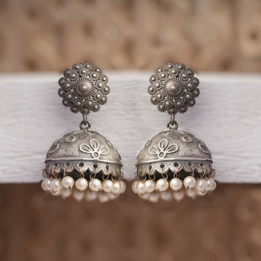 Kusum- Silver Brass Pearl jhumka earrings