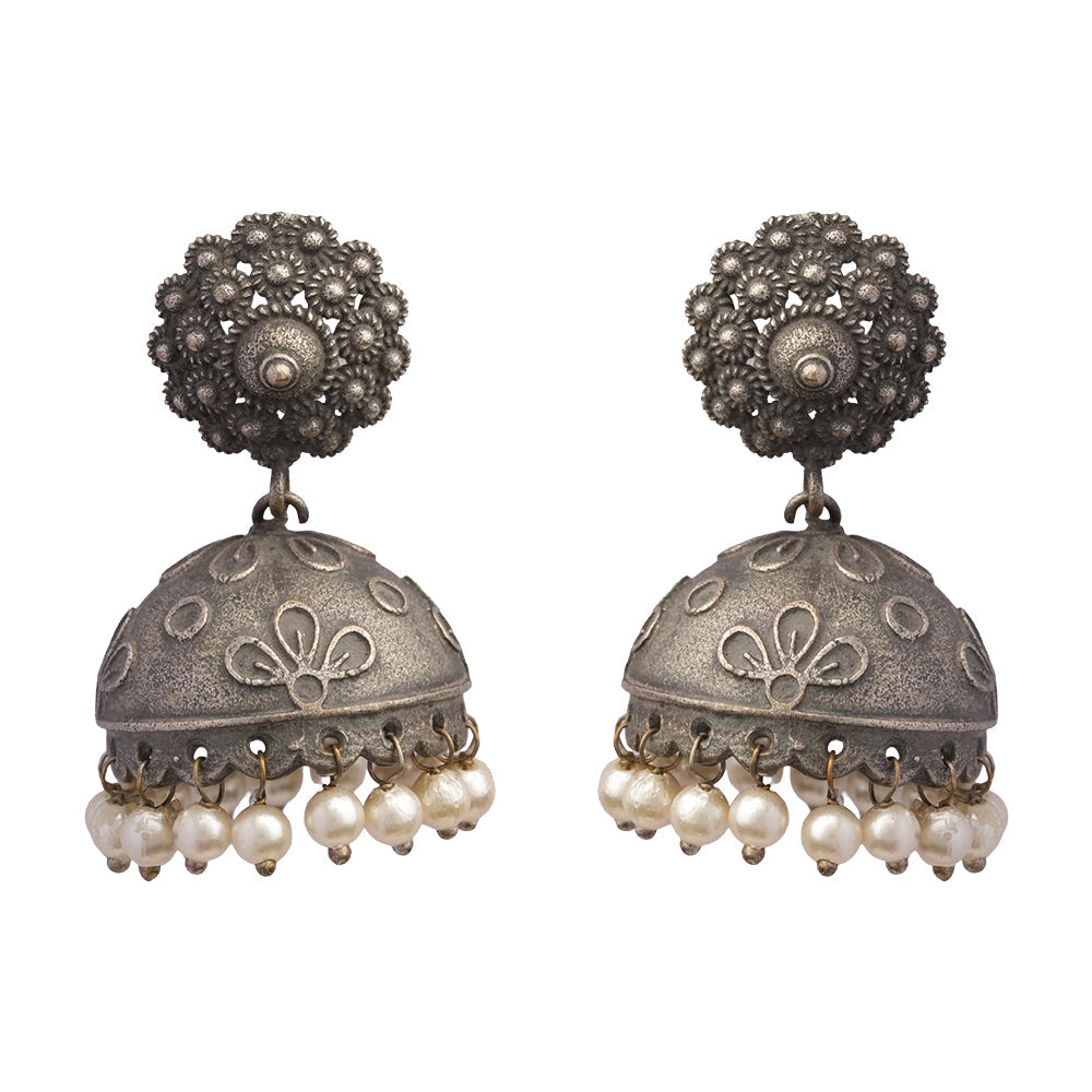 Kusum- Silver Brass Pearl jhumka earrings