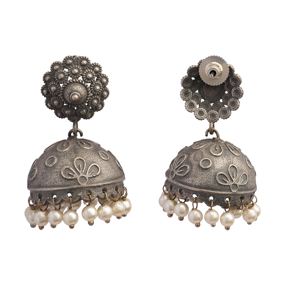 Kusum- Silver Brass Pearl jhumka earrings