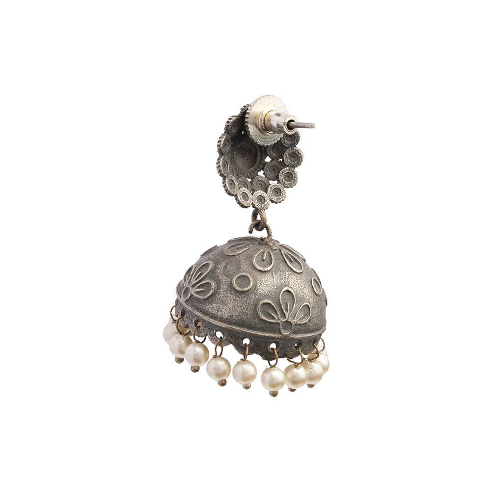 Kusum- Silver Brass Pearl jhumka earrings