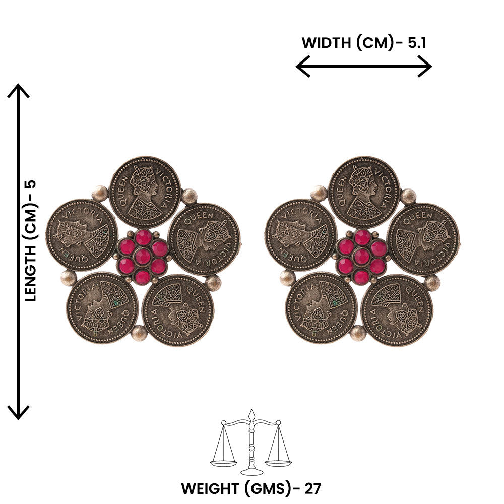 MudraPushp- Silver Brass Oxidised Stud Earrings(Red)