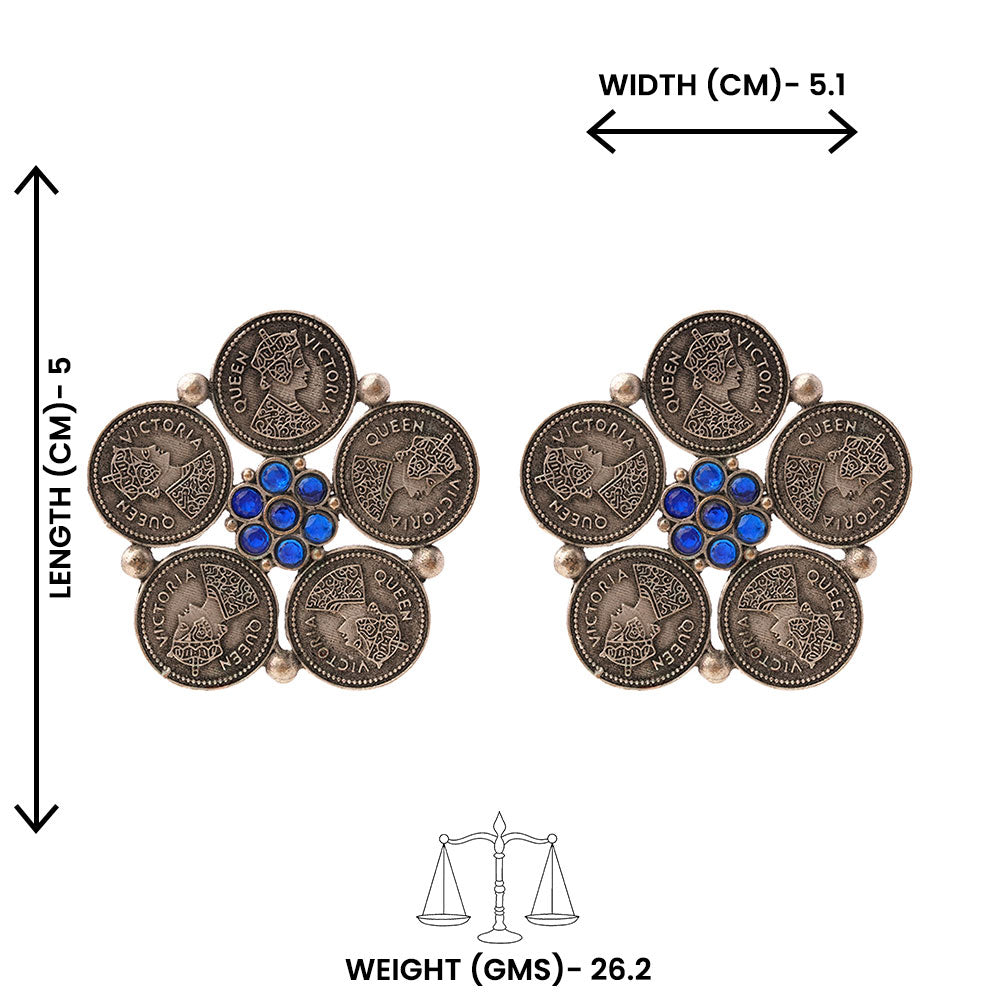 MudraPushp- Silver Brass Oxidised Stud Earrings(Blue)