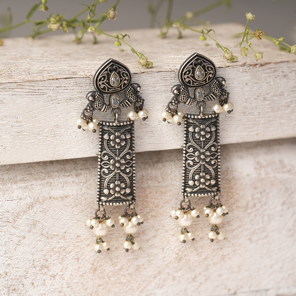 Aamulya- Silver Brass Pearl dangler earrings