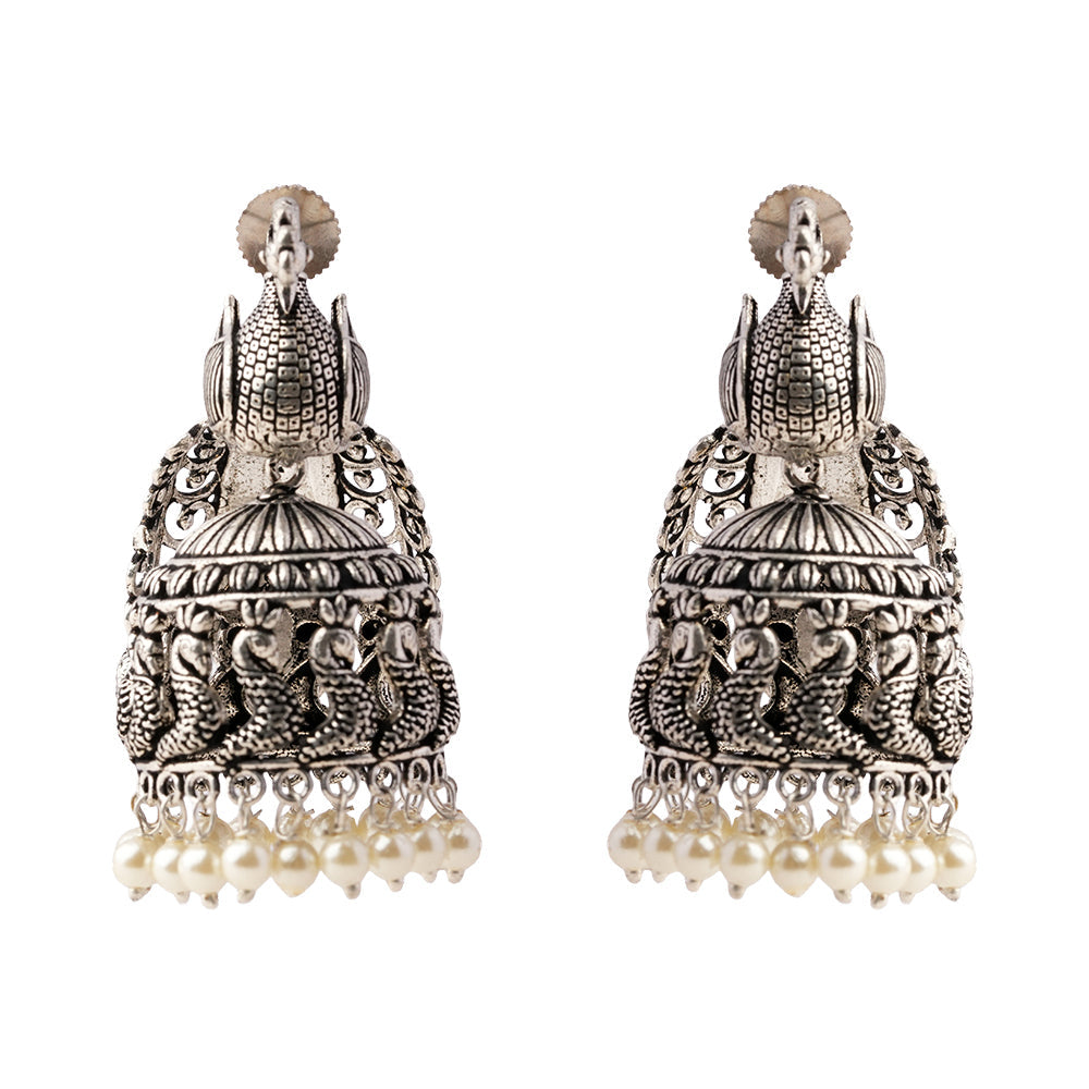 MorLekha- Silver Brass Oxidised Jhumka earrings