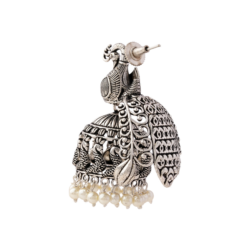 MorLekha- Silver Brass Oxidised Jhumka earrings