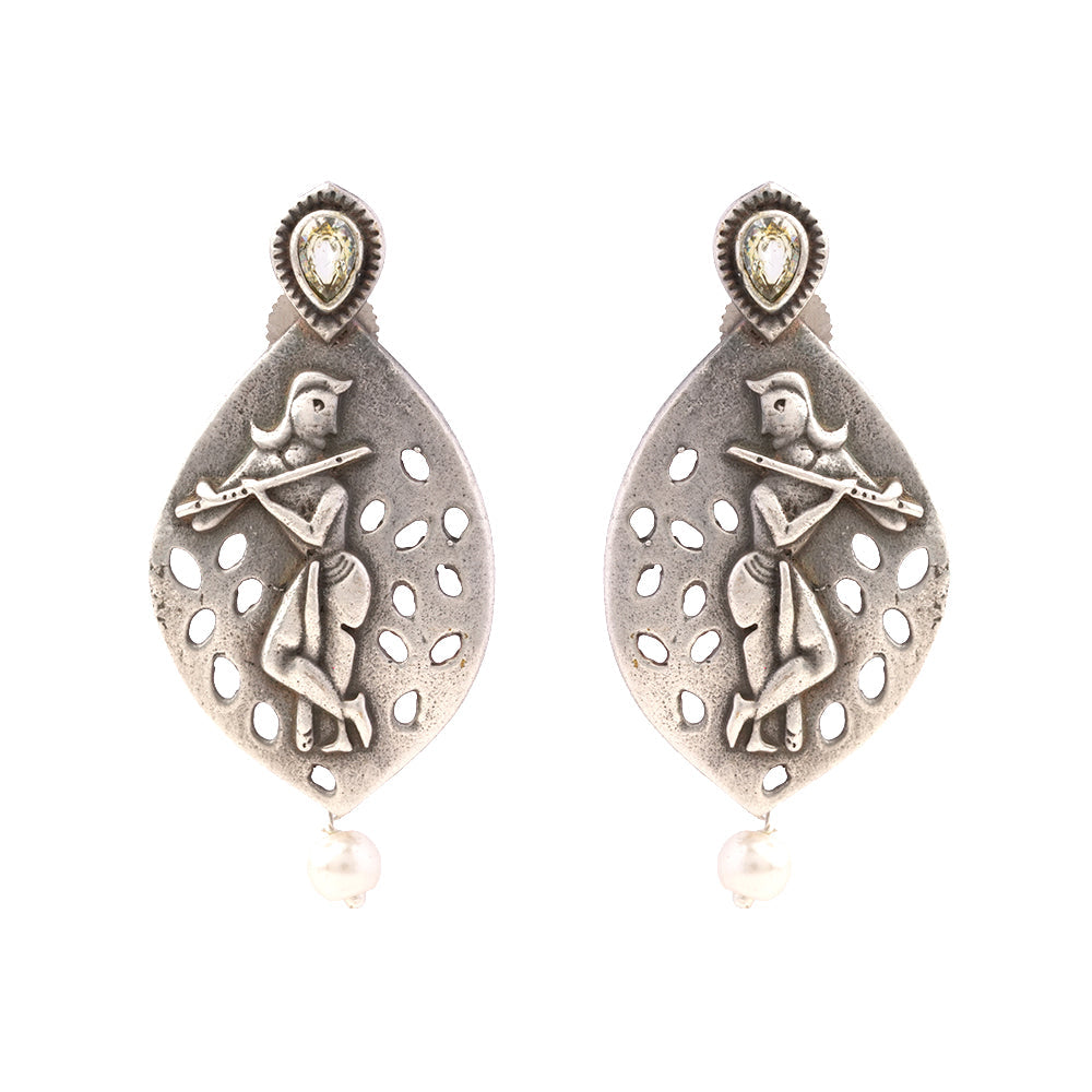 Kanha- Silver Brass Pearl dangler earrings(White)