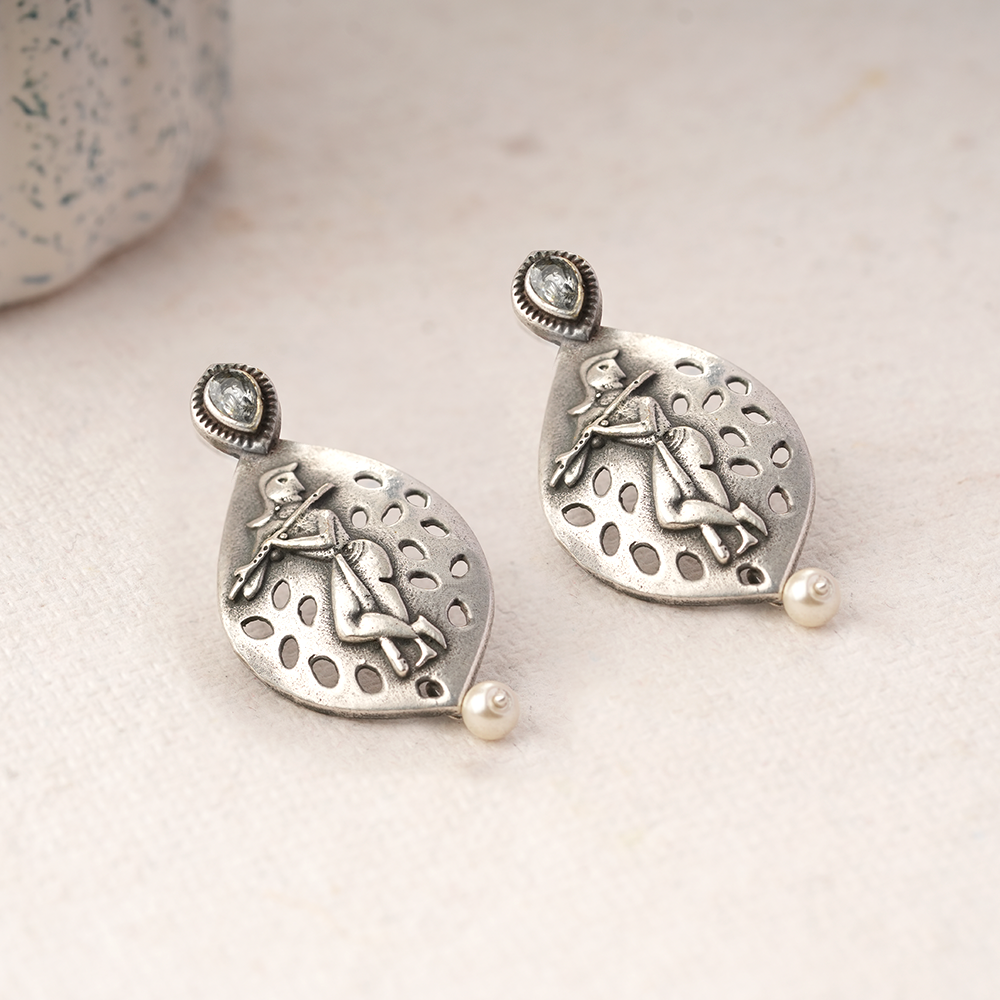 Kanha- Silver Brass Pearl dangler earrings(White)