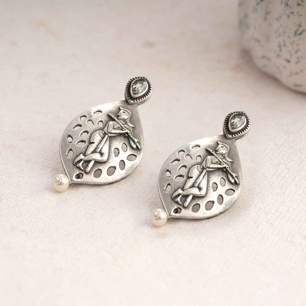 Kanha- Silver Brass Pearl dangler earrings(White)