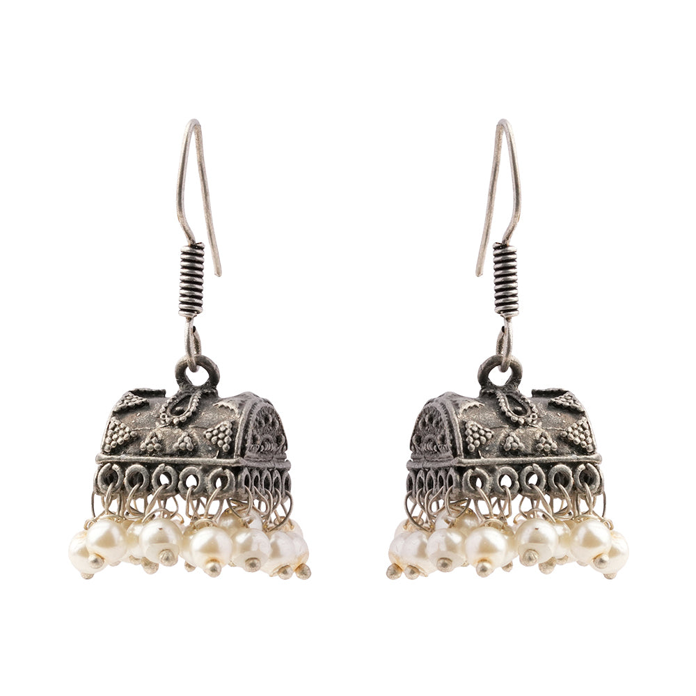 Phooljhal- Silver Brass Pearl jhumka earrings