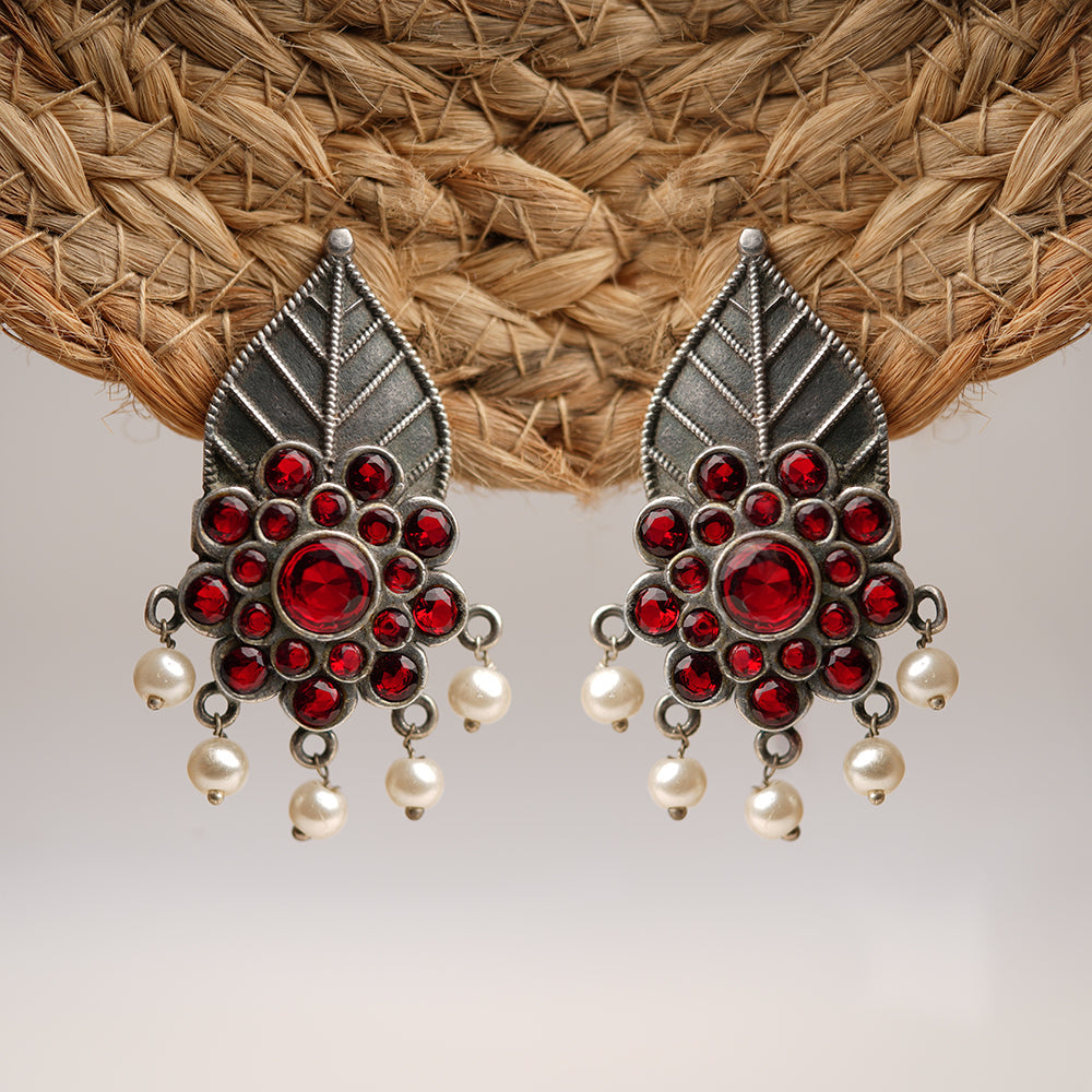 PatraPushp- Silver Brass Pearl dangler earrings(Red)