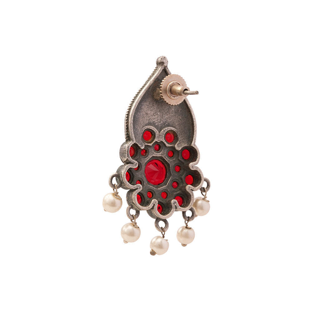 PatraPushp- Silver Brass Pearl dangler earrings(Red)
