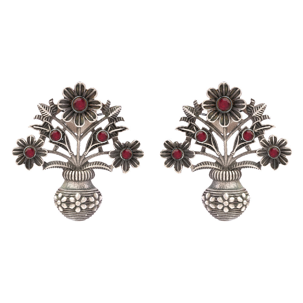 Pushp Kalash- Silver Brass Oxidised stud earrings(Red)