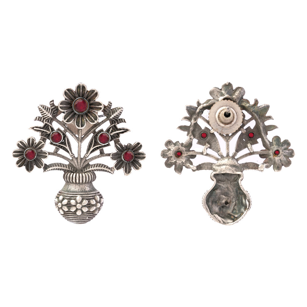 Pushp Kalash- Silver Brass Oxidised stud earrings(Red)